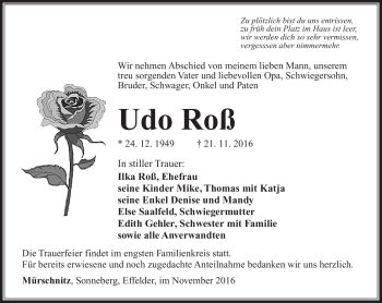 Traueranzeige von Udo Roß von Südthüringer Presse