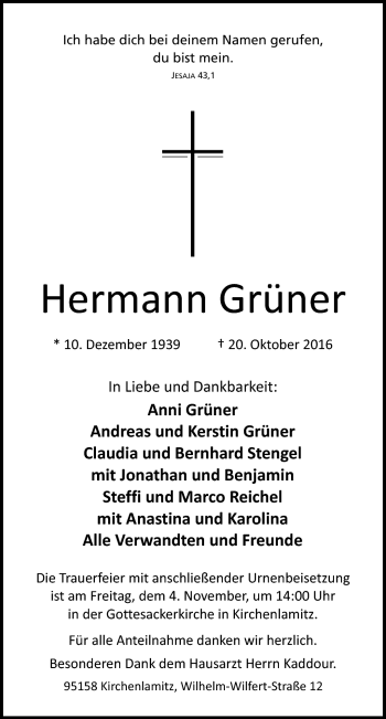 Traueranzeige von Hermann Grüner von Frankenpost