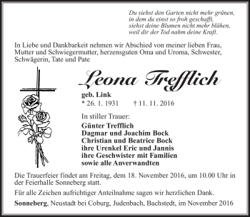 Traueranzeige von Leona Trefflichf von Südthüringer Presse
