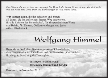 Traueranzeige von Wolfgang Himmel von Südthüringer Presse
