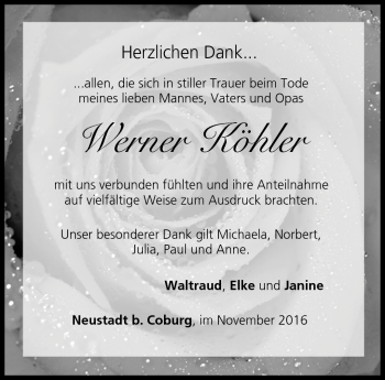 Traueranzeige von Werner Köhler von Neue Presse Coburg