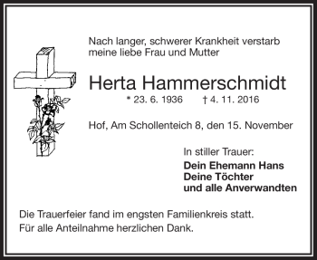 Traueranzeige von Herta Hammerschmidt von Frankenpost