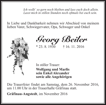 Traueranzeige von Georg Beiler von Südthüringer Presse