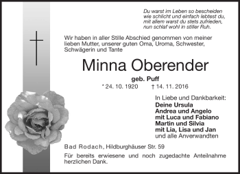 Traueranzeige von Minna Oberender von Neue Presse Coburg