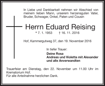 Traueranzeige von Eduard Reising von Frankenpost