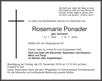 Traueranzeige von Rosemarie Ponader von Frankenpost