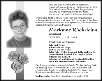 Traueranzeige von Marianne Rückriehm von Südthüringer Presse