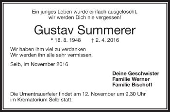 Traueranzeige von Gustav Summerer von Frankenpost