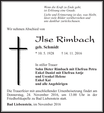 Traueranzeige von Ilse Rimbach von Südthüringer Presse