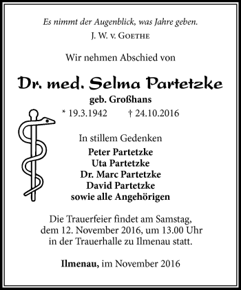 Traueranzeige von Selma Partetzke von Südthüringer Presse