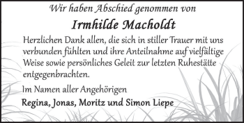 Traueranzeige von Irmhilde Macholdt von Südthüringer Presse