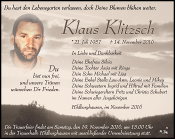 Traueranzeige von Klaus Klitzsch von Südthüringer Presse