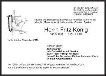 Traueranzeige von Fritz König von Frankenpost