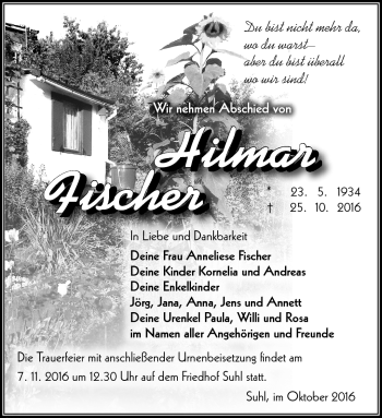 Traueranzeige von Hilmar Fischer von Südthüringer Presse