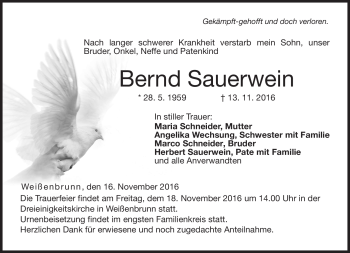 Traueranzeige von Bernd Sauerwein von Neue Presse Coburg