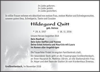 Traueranzeige von Hildegard Quitt von Südthüringer Presse