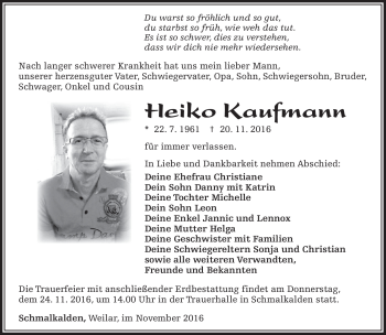 Traueranzeige von Heiko Kaufmann von Südthüringer Presse