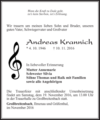 Traueranzeige von Andreas Krannich von Südthüringer Presse