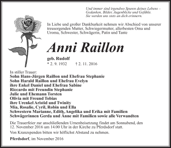 Traueranzeige von Anni Raillon von Südthüringer Presse
