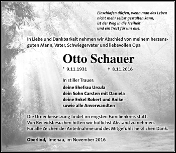 Traueranzeige von Otto Schauer von Südthüringer Presse