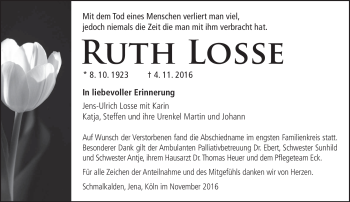 Traueranzeige von Ruth Losse von Südthüringer Presse