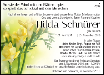 Traueranzeige von Hilda Schnürer von Südthüringer Presse