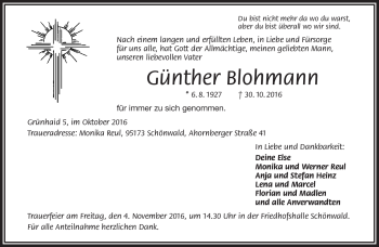 Traueranzeige von Günther Blohmann von Frankenpost