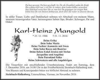 Traueranzeige von Karl-Heinz Mangold von Südthüringer Presse