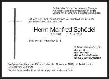 Traueranzeige von Manfred Schödel von Frankenpost