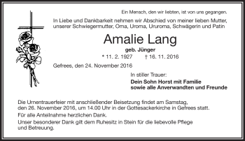 Traueranzeige von Amalie Lang von Frankenpost