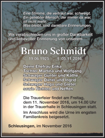 Traueranzeige von Bruno Schmidt von Südthüringer Presse