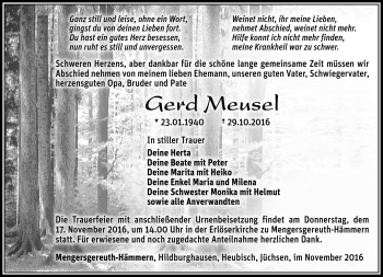 Traueranzeige von Gzerd Meusel von Südthüringer Presse