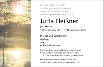 Traueranzeige von Jutta Fleißner von Frankenpost