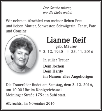 Traueranzeige von Lianne Reif von Südthüringer Presse