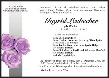 Traueranzeige von Ingrid Leubecher von Südthüringer Presse