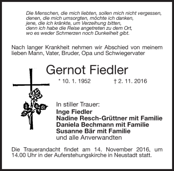 Traueranzeige von Gernot Fiedler von Neue Presse Coburg