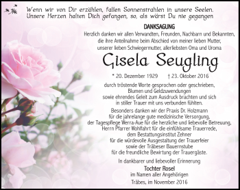 Traueranzeige von Gisela Seugling von Südthüringer Presse