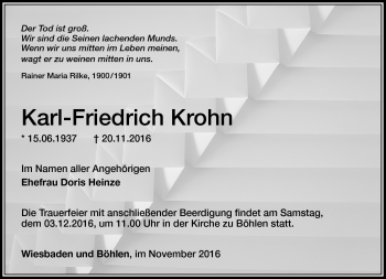 Traueranzeige von Karl-Friedrich Krohn von Südthüringer Presse