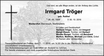 Traueranzeige von Irmgard Tröger von Frankenpost