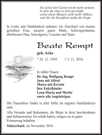 Traueranzeige von Beate Rempt von Südthüringer Presse