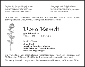 Traueranzeige von Dora Remdt von Südthüringer Presse