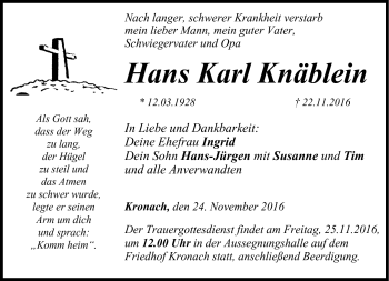 Traueranzeige von Hans Karl Knäblein von Neue Presse Coburg