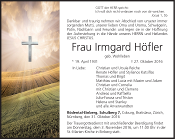 Traueranzeige von Irmgard Höfler von Neue Presse Coburg