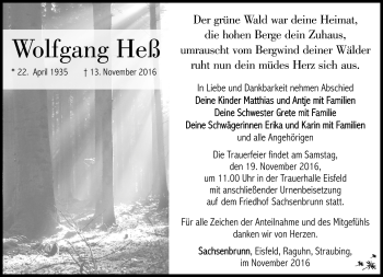 Traueranzeige von Wolfgang Heß von Südthüringer Presse