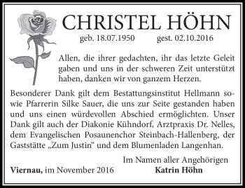 Traueranzeige von Christel Höhn von Südthüringer Presse
