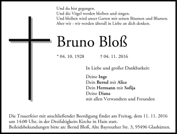 Traueranzeige von Bruno Bloß von Neue Presse Coburg