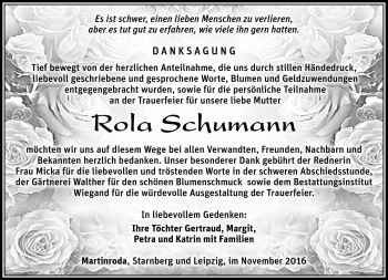 Traueranzeige von Rola Schumann von Südthüringer Presse