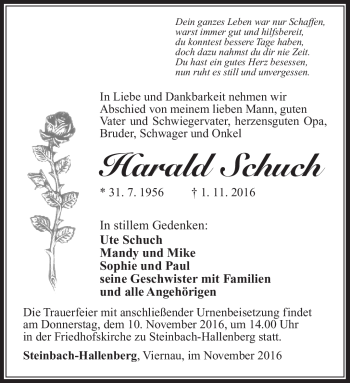 Traueranzeige von Harald Schuch von Südthüringer Presse
