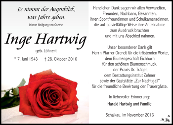 Traueranzeige von Inge Hartwig von Südthüringer Presse