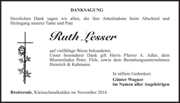 Traueranzeige von Ruth Lesser von Südthüringer Presse